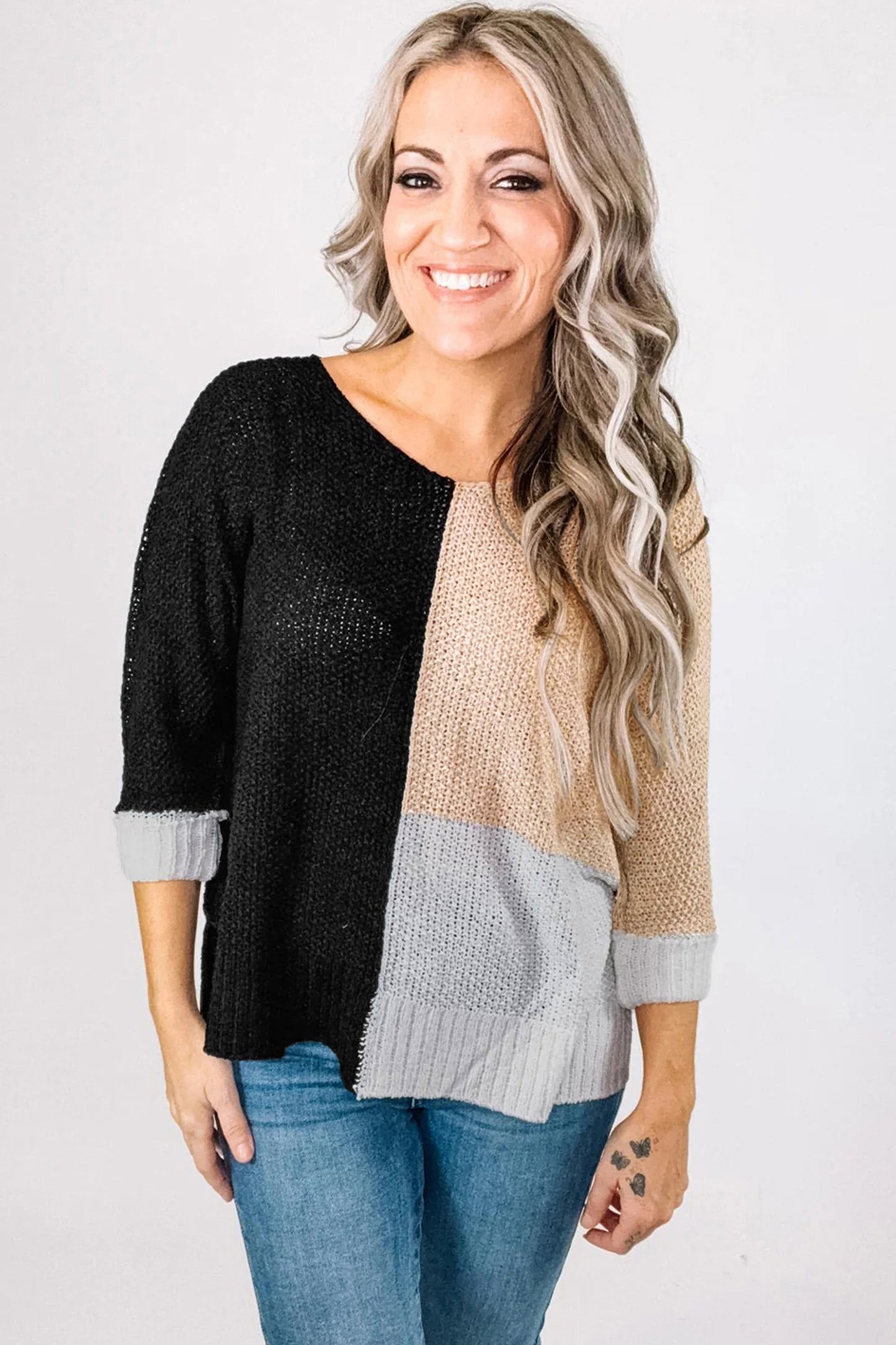 Black Color Block Knit V Neck Loose Sweater