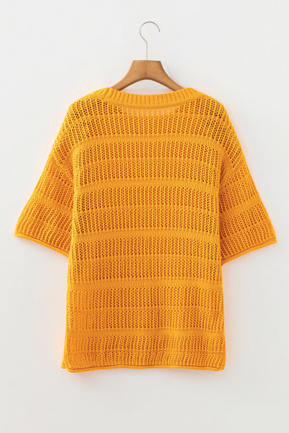 Mustard Hollow out Openwork Knit 3/4 Sleeve Sweater