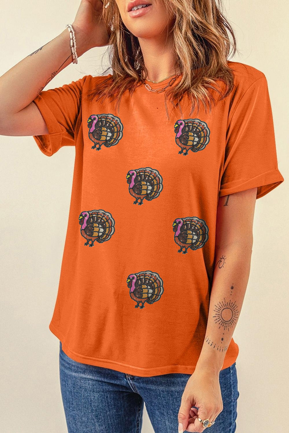 Orange Thanksgiving Turkey Sequin Graphic Womens Casual T Shirt