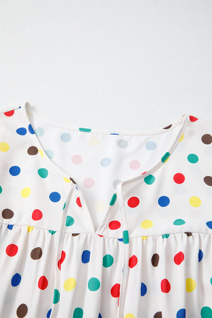 Apricot Plus Size Colorful Polka Dots Tie Neck Puff Sleeve Blouse