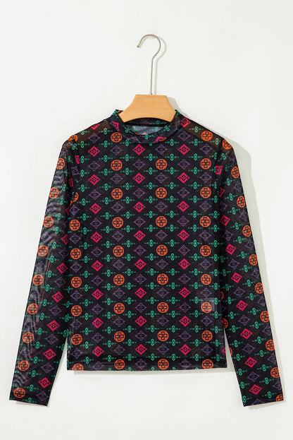 Black Western Aztec Printed Long Sleeve Mesh Top
