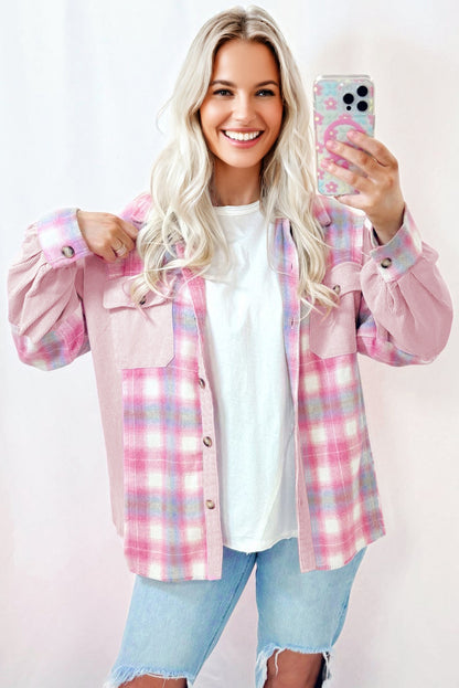 Pink Brushed Plaid Corduroy Flap Pockets Patchwork Shacket