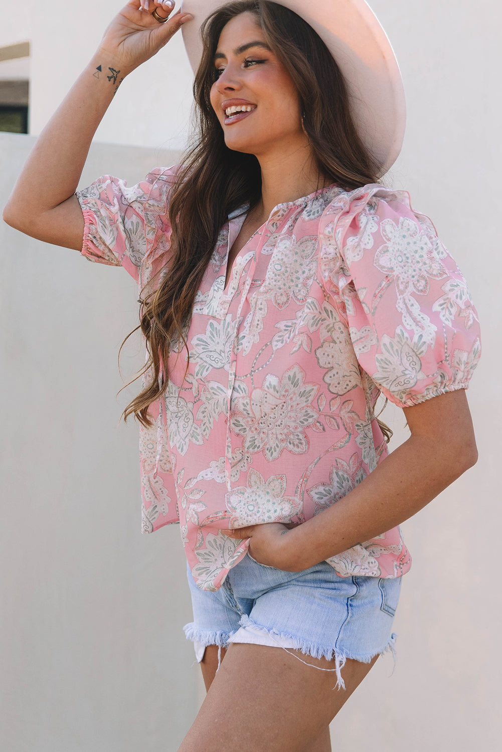 Pink Floral Print Drawstring V Neck Puff Sleeve Loose Blouse