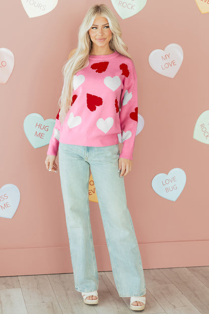 Pink Pearl Embellished Heart Pattern Valentines Day Sweater