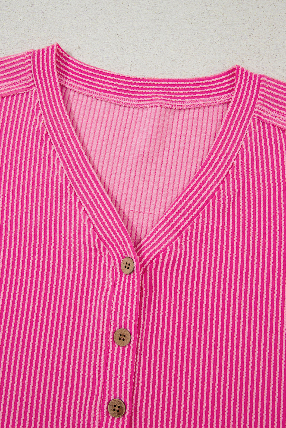 Bright Pink Spiral Ribbed Short Sleeve V Neck Buttoned Romper with Pocket