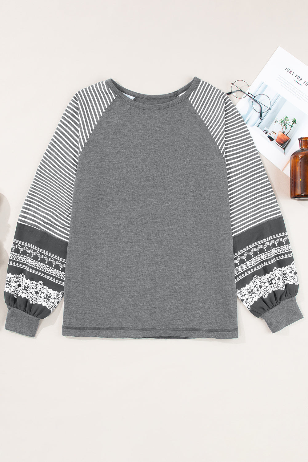 Gray Contrast Print Striped Raglan Long Sleeve Loose Top