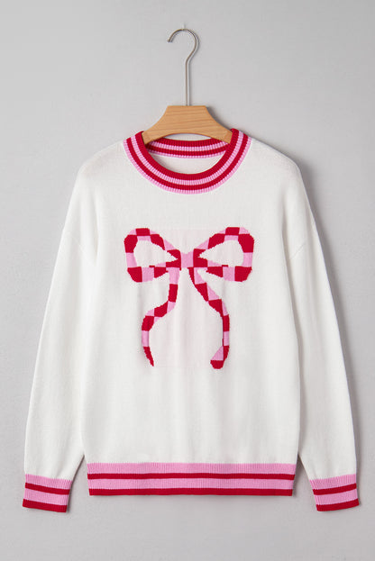 White Striped Trim Bow Graphic Round Neck Drop Shoulder Sweater