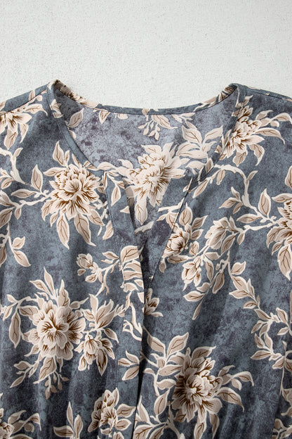 Sky Blue Plus Size Floral Print Split Neck Shirred High Waist Long Sleeve Maxi Dress