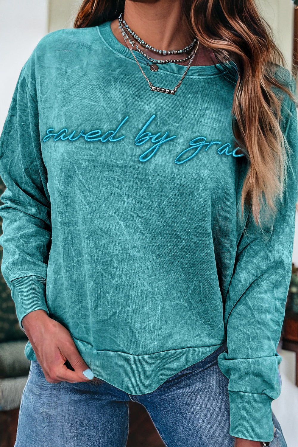 High-rise saved by grace Letter Embroidery Mineral Wash Loose Sweatshirt