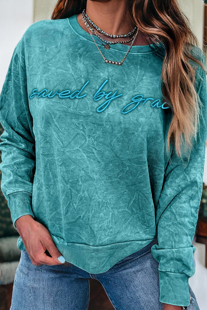High-rise saved by grace Letter Embroidery Mineral Wash Loose Sweatshirt