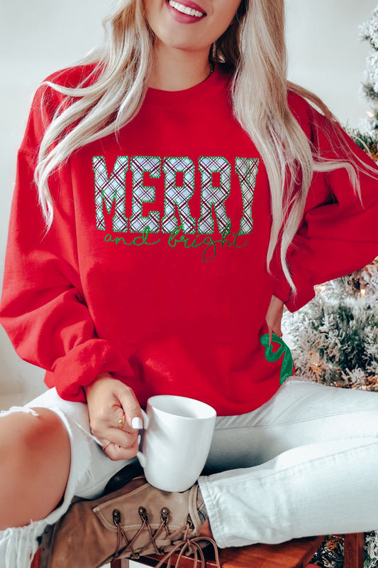 Fiery Red Merry and Bright Plaid Embroidered Letter Graphic Sequin Bow Decor Christmas Sweatshirt
