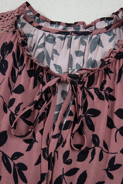 Brown Leaf Print Lace-up V Neck Crinckled Tank Top