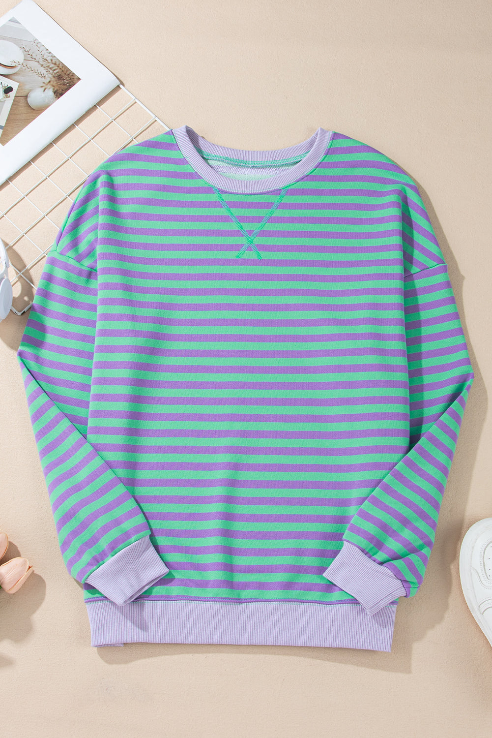 Blue Stripe Contrast Ribbed Trim Crossed Stitch Drop Shoulder Sweatshirt