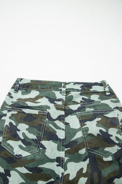 Green Camouflage Print Wide Leg Drawstring Denim Pants