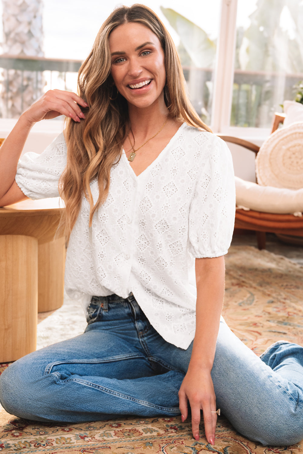 White Lace Puff Sleeve V Neck Button Up Shirt