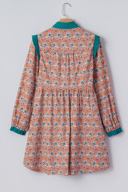 Orange Boho Floral Contrast Collared Shirt Mini Dress