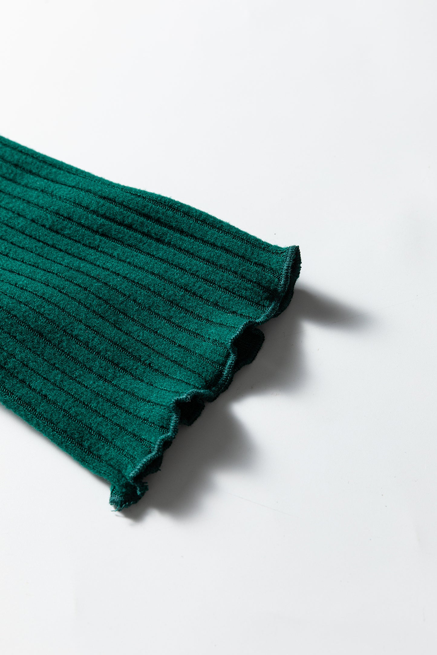 Beige Lace Neckline Button Decor Lettuce Edge Long Sleeve Ribbed Top