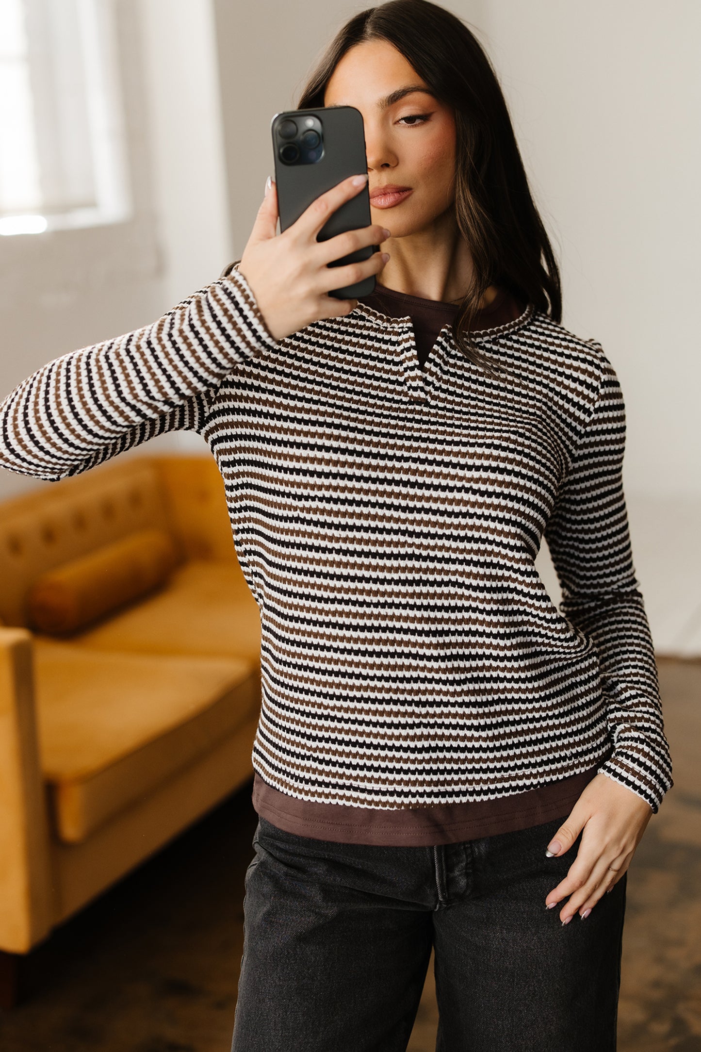 Brown Faux Two Piece Textured Striped Round Neck Long Sleeve T Shirt