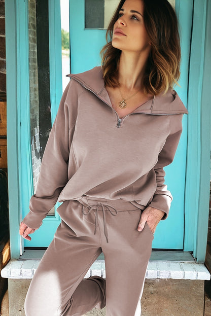 Light Grey Zip Collar Long Sleeve Top Drawstring Pants Set