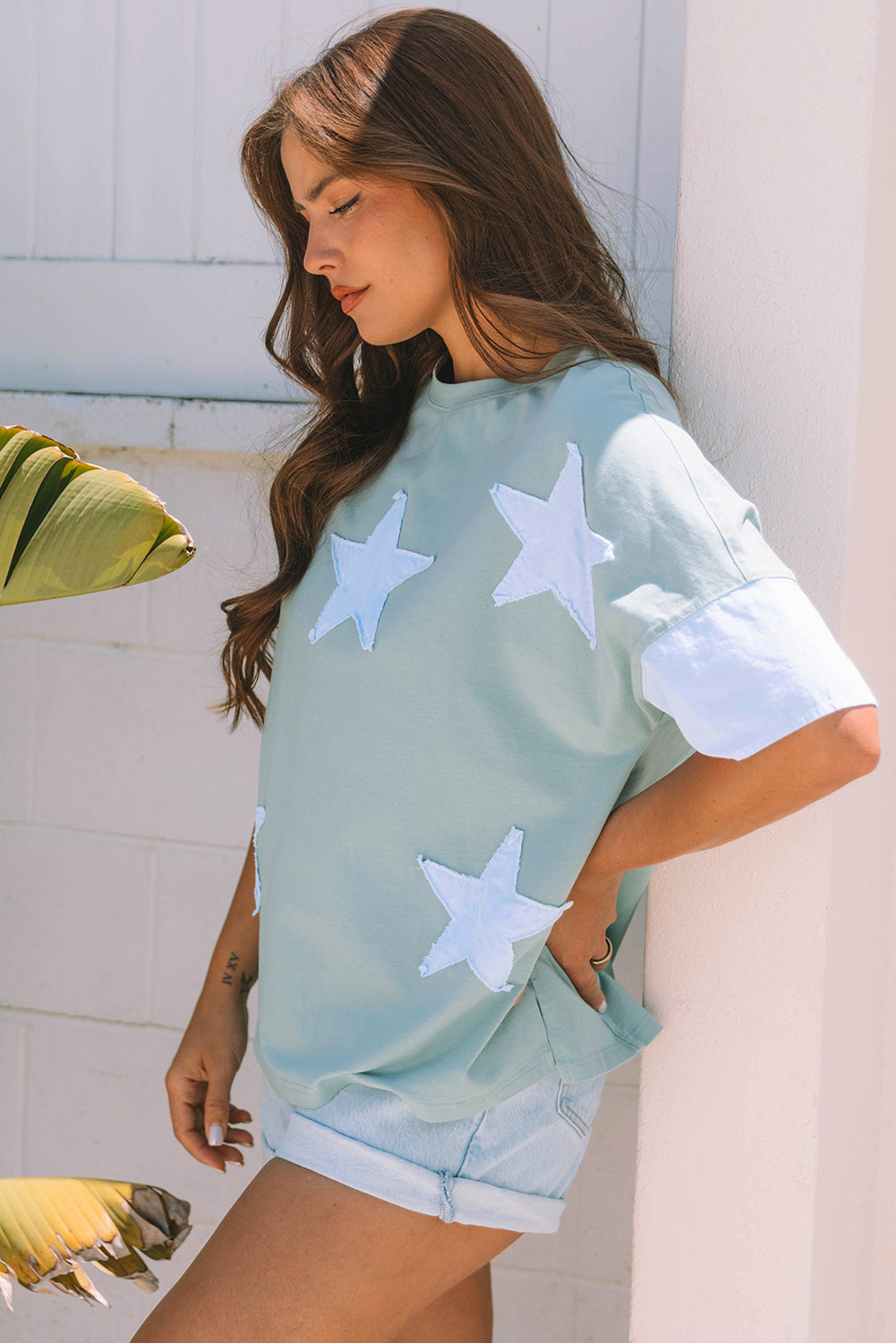 Smoke Green Frayed Denim Star Patched Oversize T Shirt