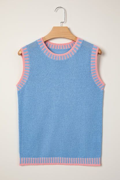 Sky Blue Contrast Trim Round Neck Sleeveless Sweater