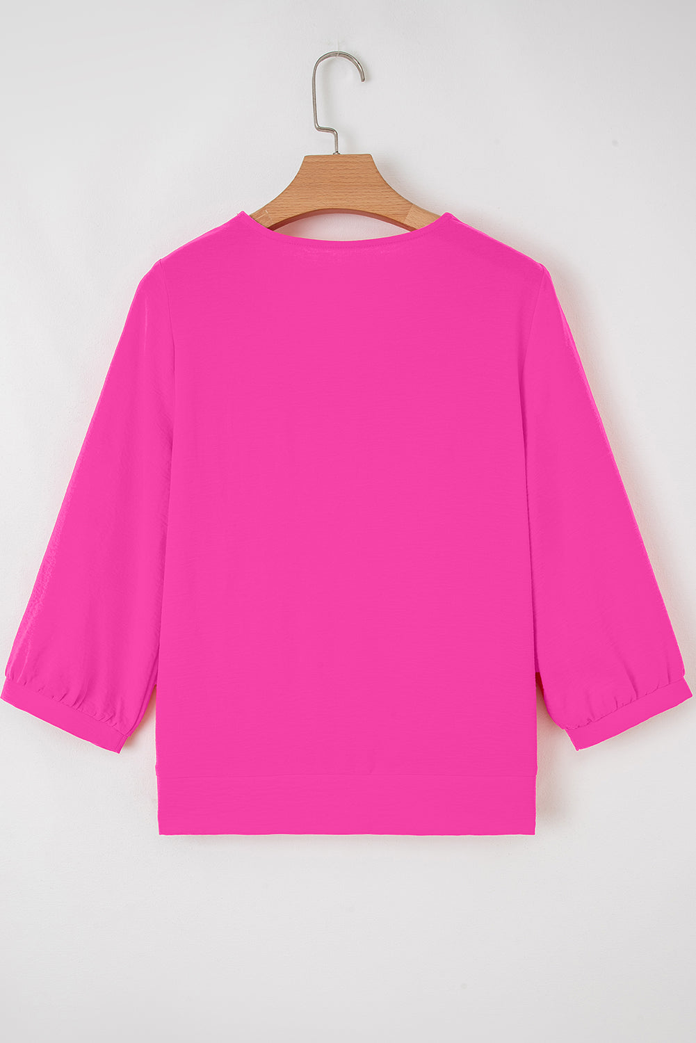 Bright Pink Frilled V Neckline Bracelet Sleeve Crinkled Blouse
