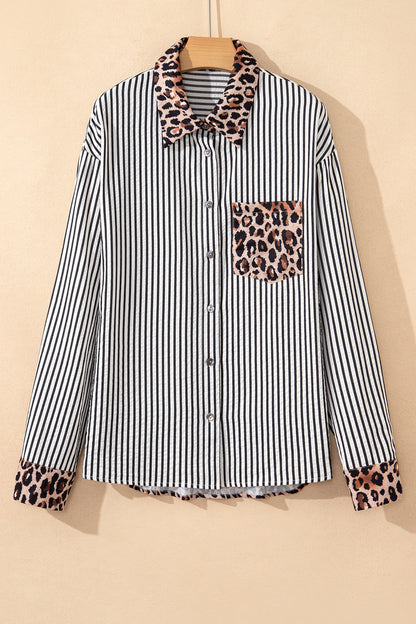 Black Striped Leopard Print Patchwork Button Up Womens Shirt