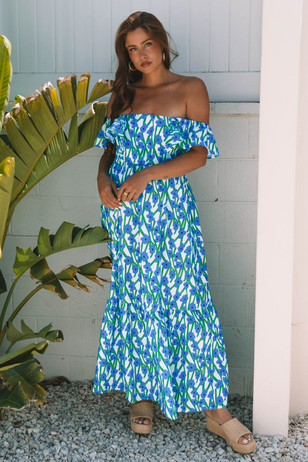 Blue Floral Print Square Neck Ruffled Strap Maxi Dress