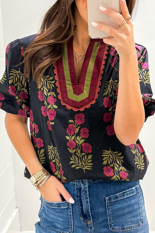 Black Floral Short Bubble Sleeve Contrast Slit Neckline Blouse
