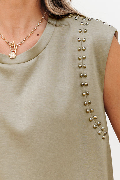 Sage Green Studded Cap Sleeve Round Neck T Shirt