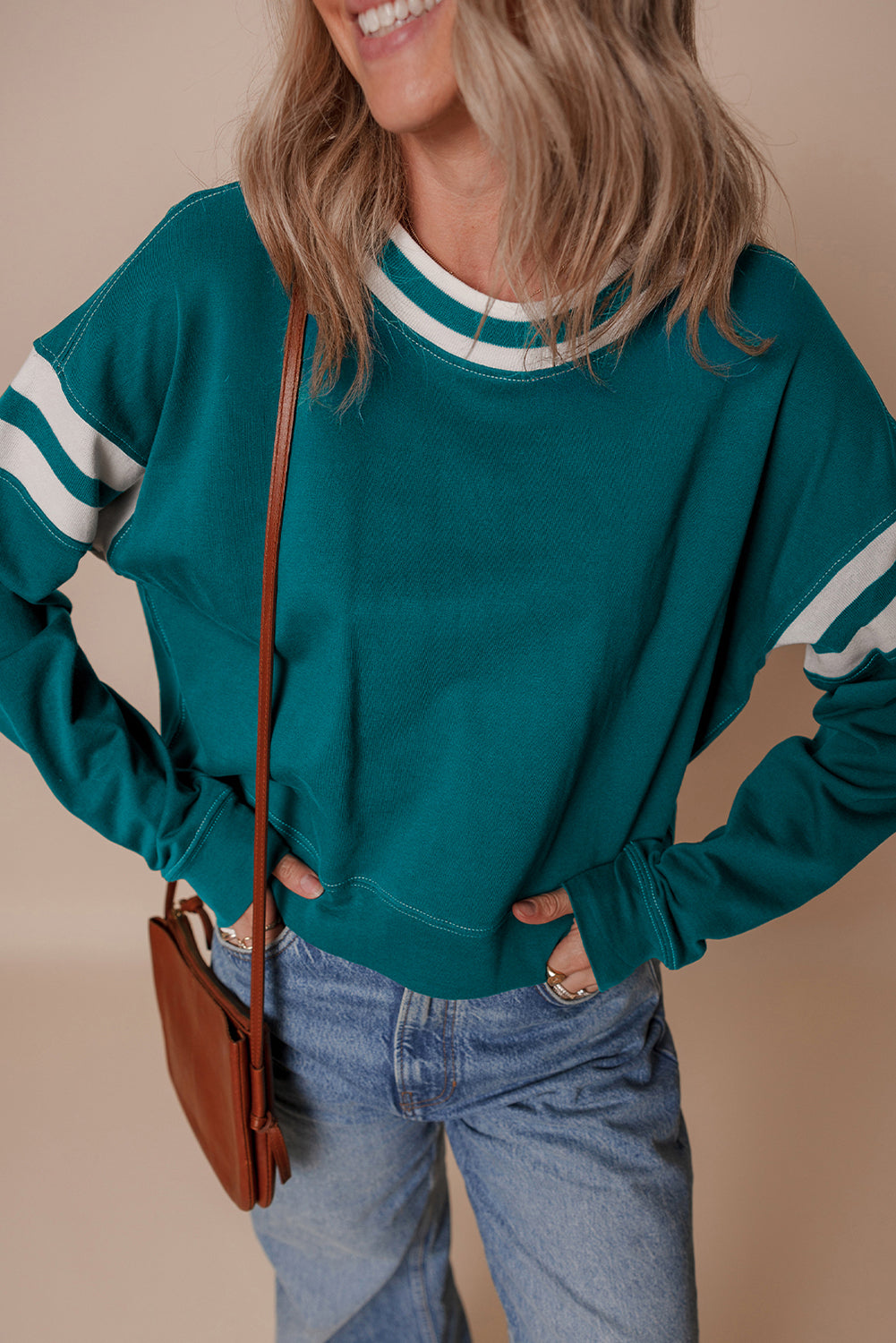 Blackish Green Contrast Striped Patchwork Round Neck Drop Shoulder Sweatshirt