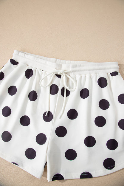 Beige Polka Dot Print Drop Shoulder Pullover Drawstring Shorts Set