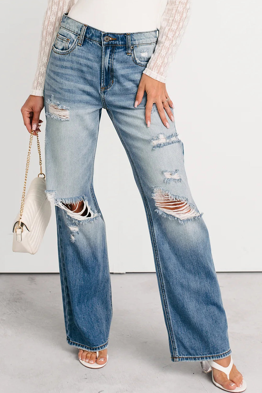 Myosotis Mid Rise Distressed Sneak Peek Straight Leg Jeans