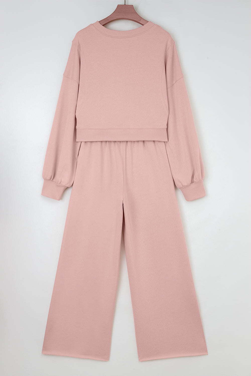 Light Pink Drop Shoulder Puff Sleeve Crop Pullover Drawstring Wide Leg Pants Set