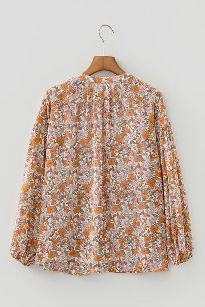 Orange Bohemian Floral Puff Sleeve Full Button Shirt