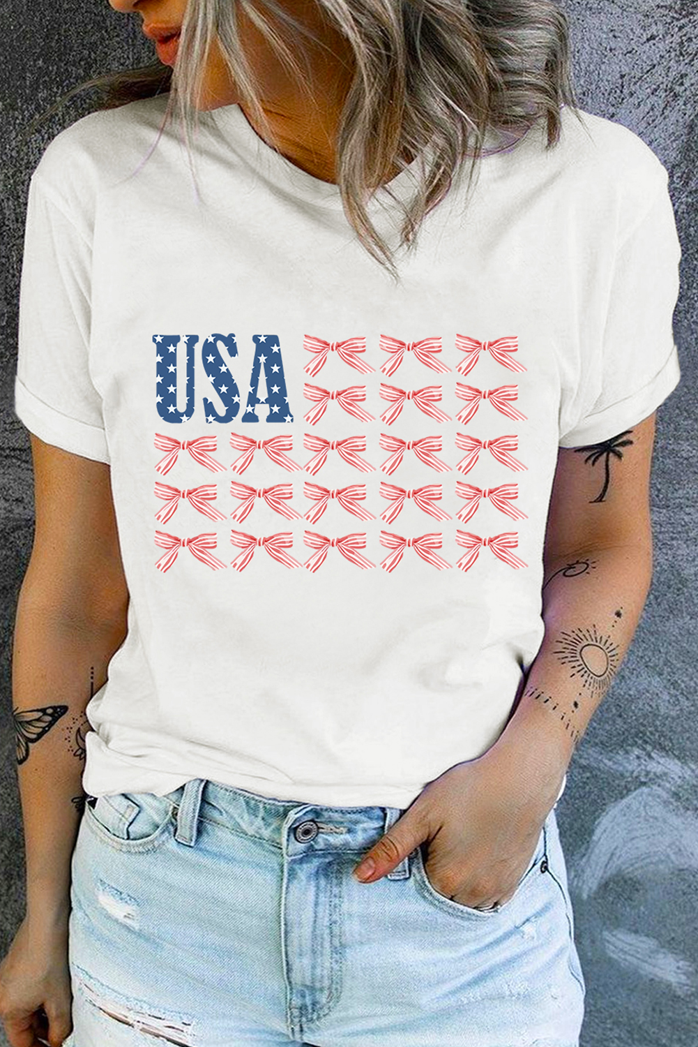 White USA Flag Bow Knot Print Round Neck T Shirt