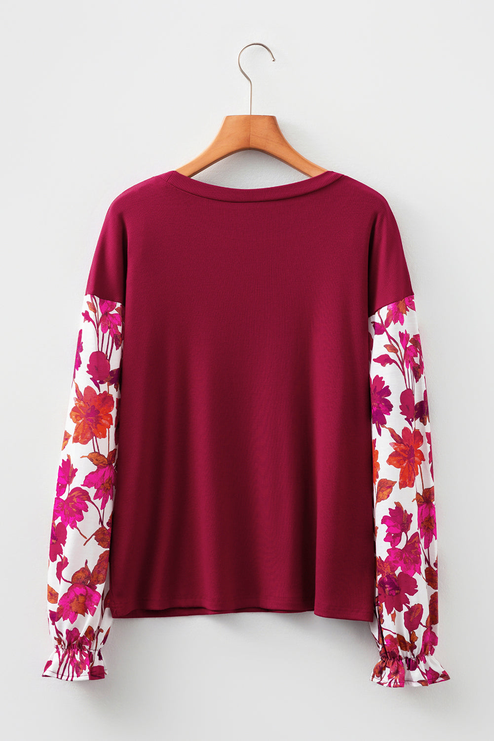 Wild Ginger Contrast Floral Sleeve Solid Ribbed Body Patchwork Long Sleeve Top