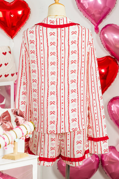 Red Sweet Floral Heart Bow Print Contrast Trim Long Sleeve Shirt Pajama Short Set