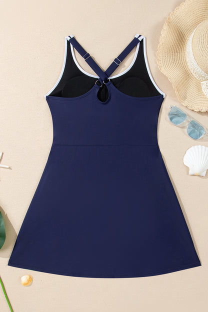 Navy Blue Contrast Edge Ruffled High Waist One Piece Swim Dress