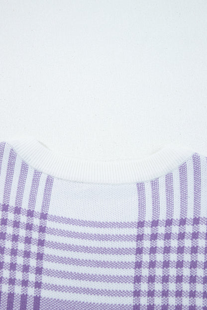 Lilac Plaid Print Ribbed Trim Loose Sweater