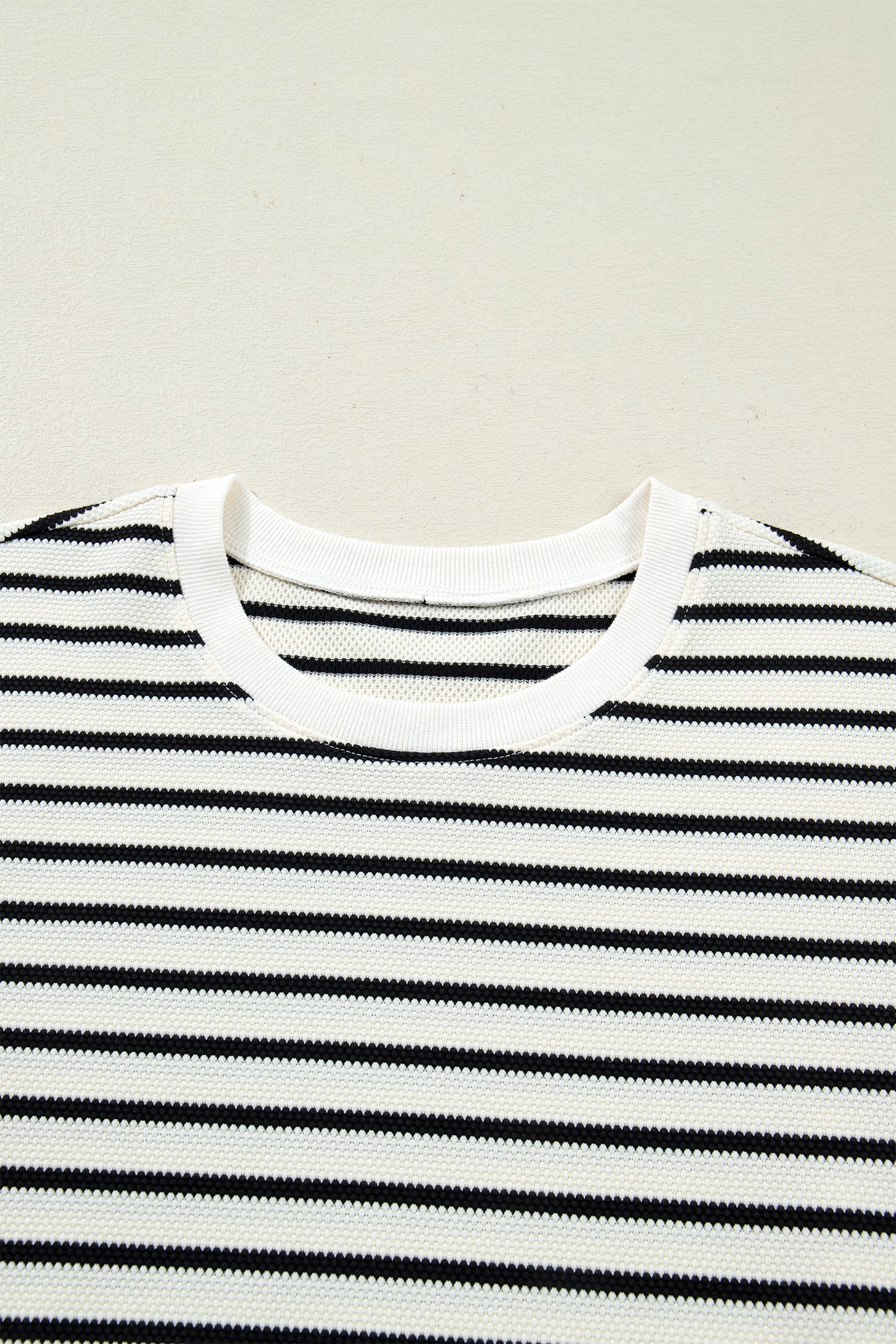 White Stripe Ruffle Trim Drop Shoulder Top Drawstring Loose Pant Set