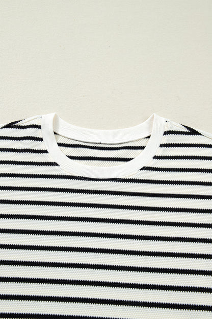 White Stripe Ruffle Trim Drop Shoulder Top Drawstring Loose Pant Set