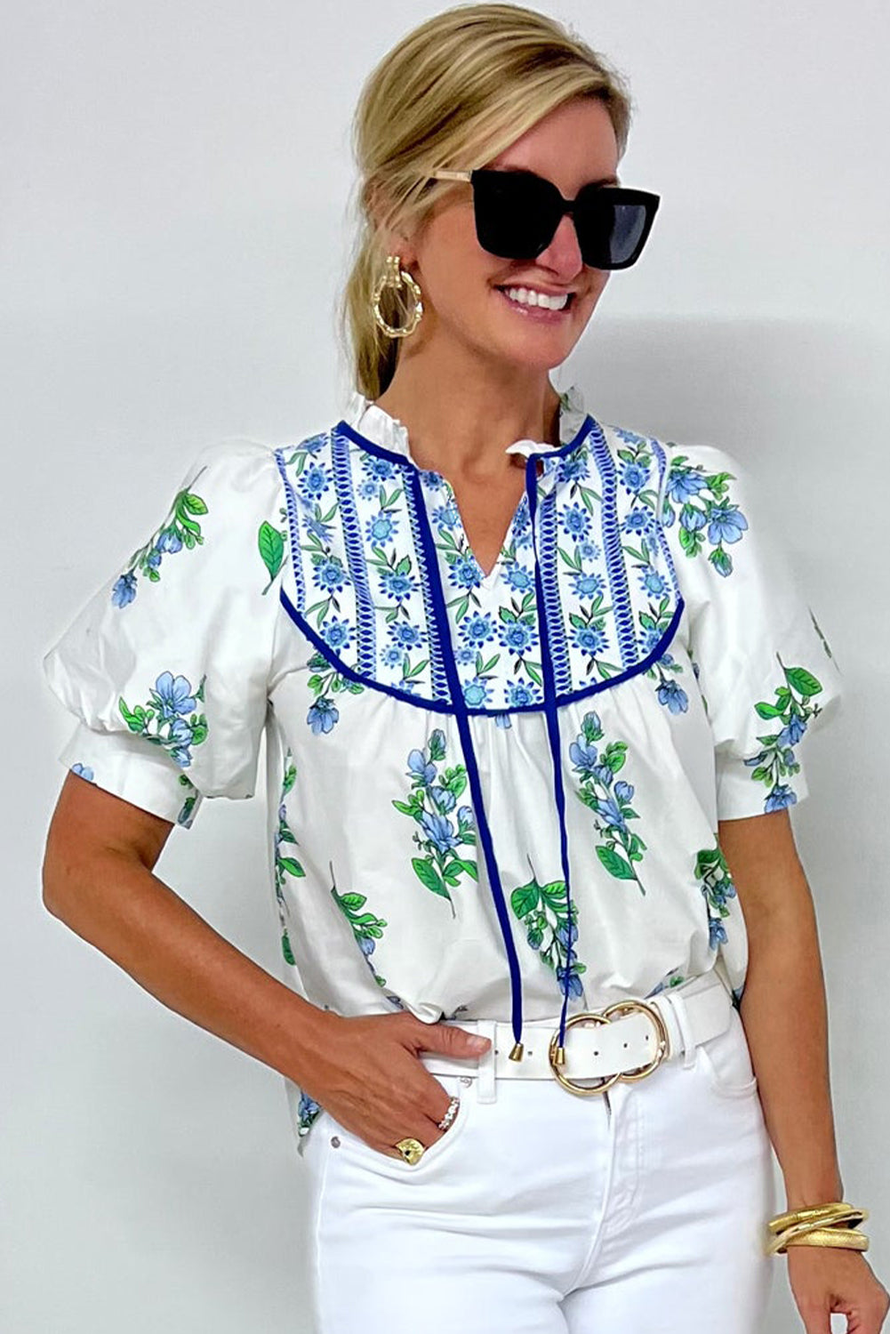 Beige Floral Print Piping Trim Tie Neck Short Sleeve Blouse