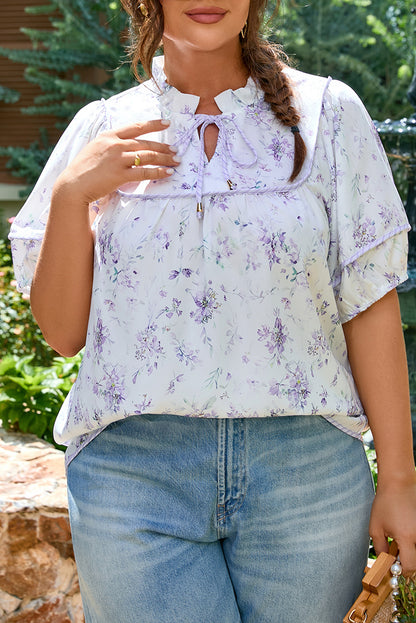 Purple Floral Trimmed Detail Split Neck Plus Size Top