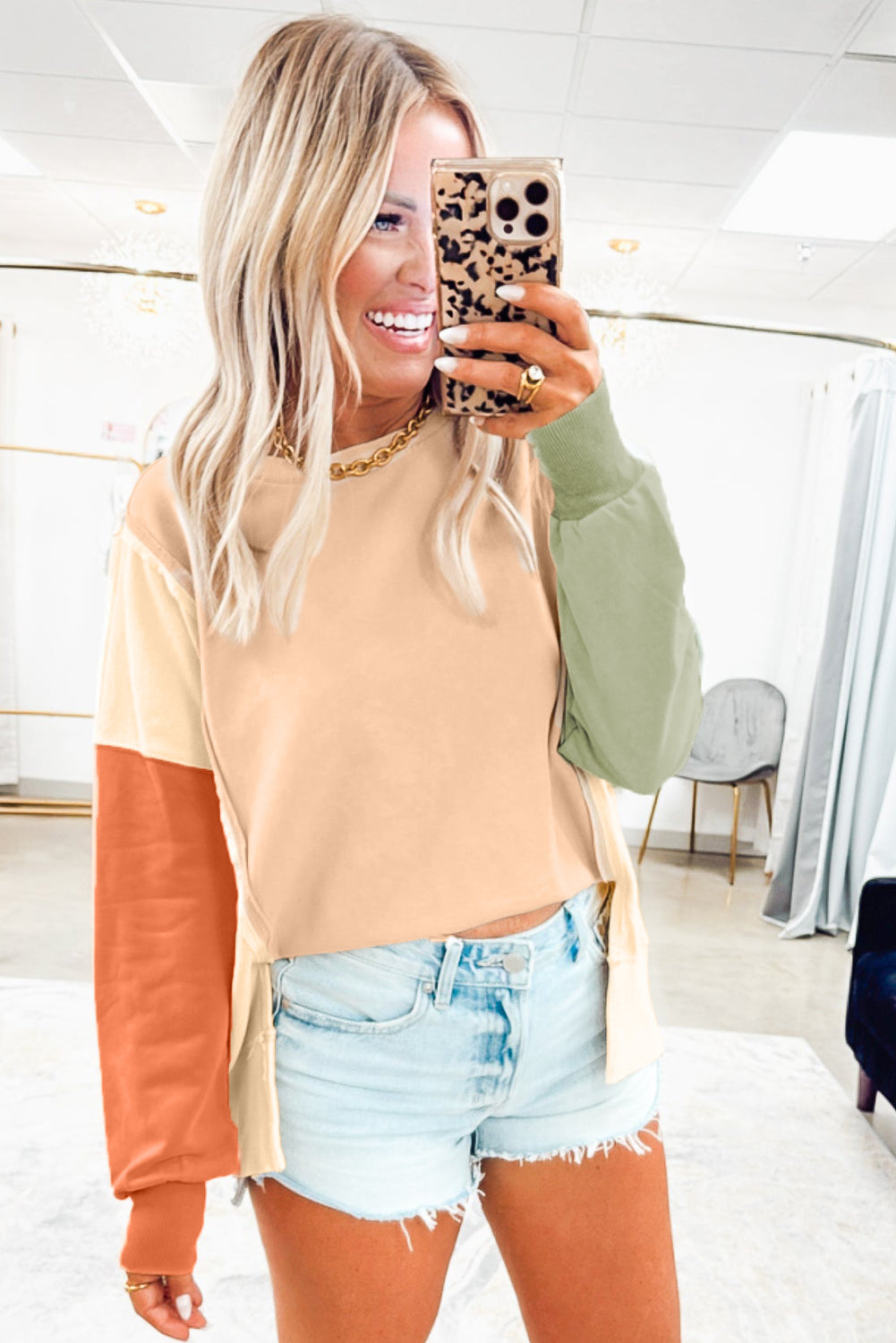 Beige Color Block Patchwork Split Hem Casual Sweatshirt