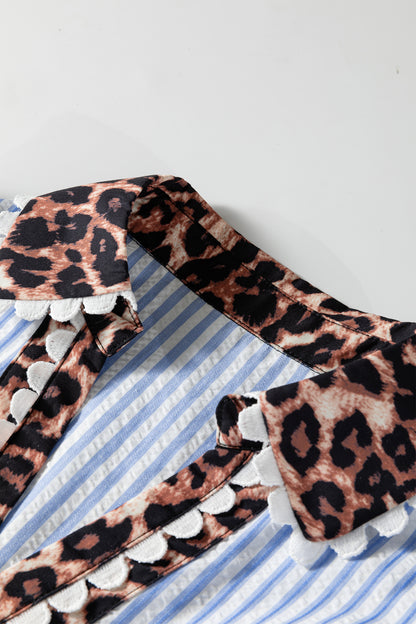 Brown Stripe Ricrac Trim Short Puff Sleeve Leopard Patchwork Collar V Neck Blouse