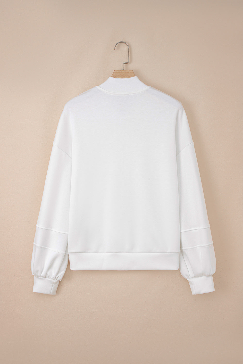 White Solid Color Zip Up Knit Puff Sleeve Jacket