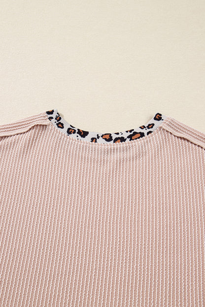 Beige Twist Ribbed Leopard Color Block Detail Drop Shoulder Long Sleeve Top