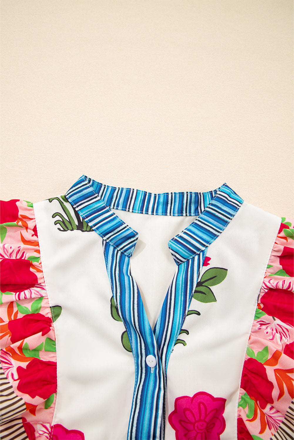 Pink Floral Print Tie Neck Striped Detail Flutter Sleeve Blouse