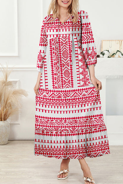 Red Boho Printed Half Sleeve Maxi Dress
